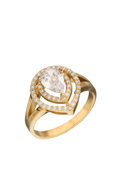 Anel halo em ouro amarelo com diamante, corte pera