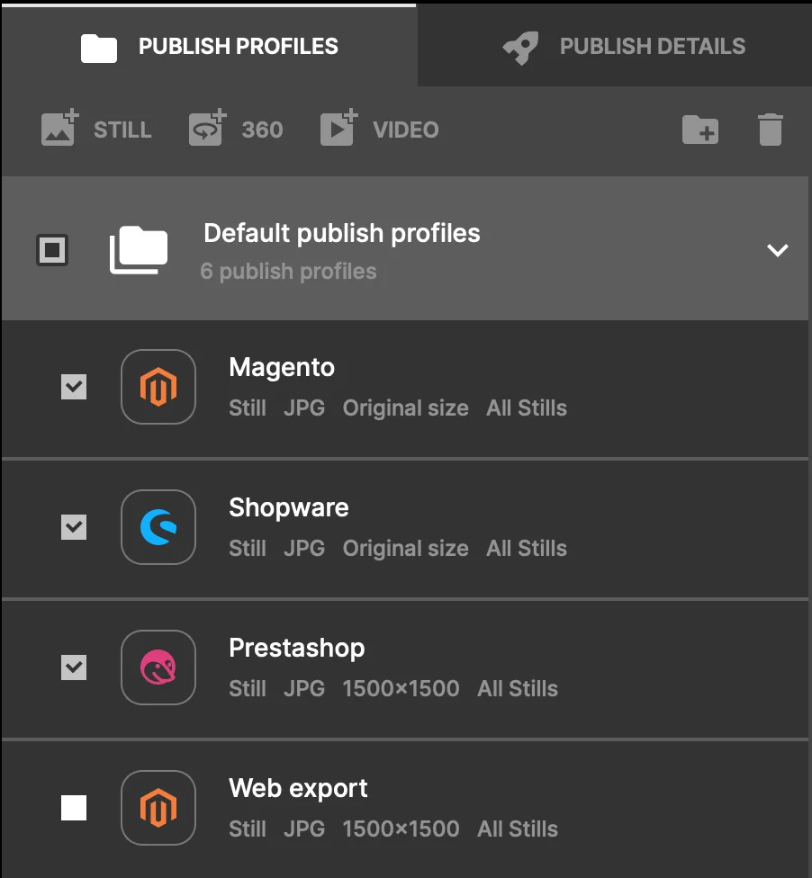 Perfis de publicação do Orbitvu Station para Magento, Shopware e PrestaShop