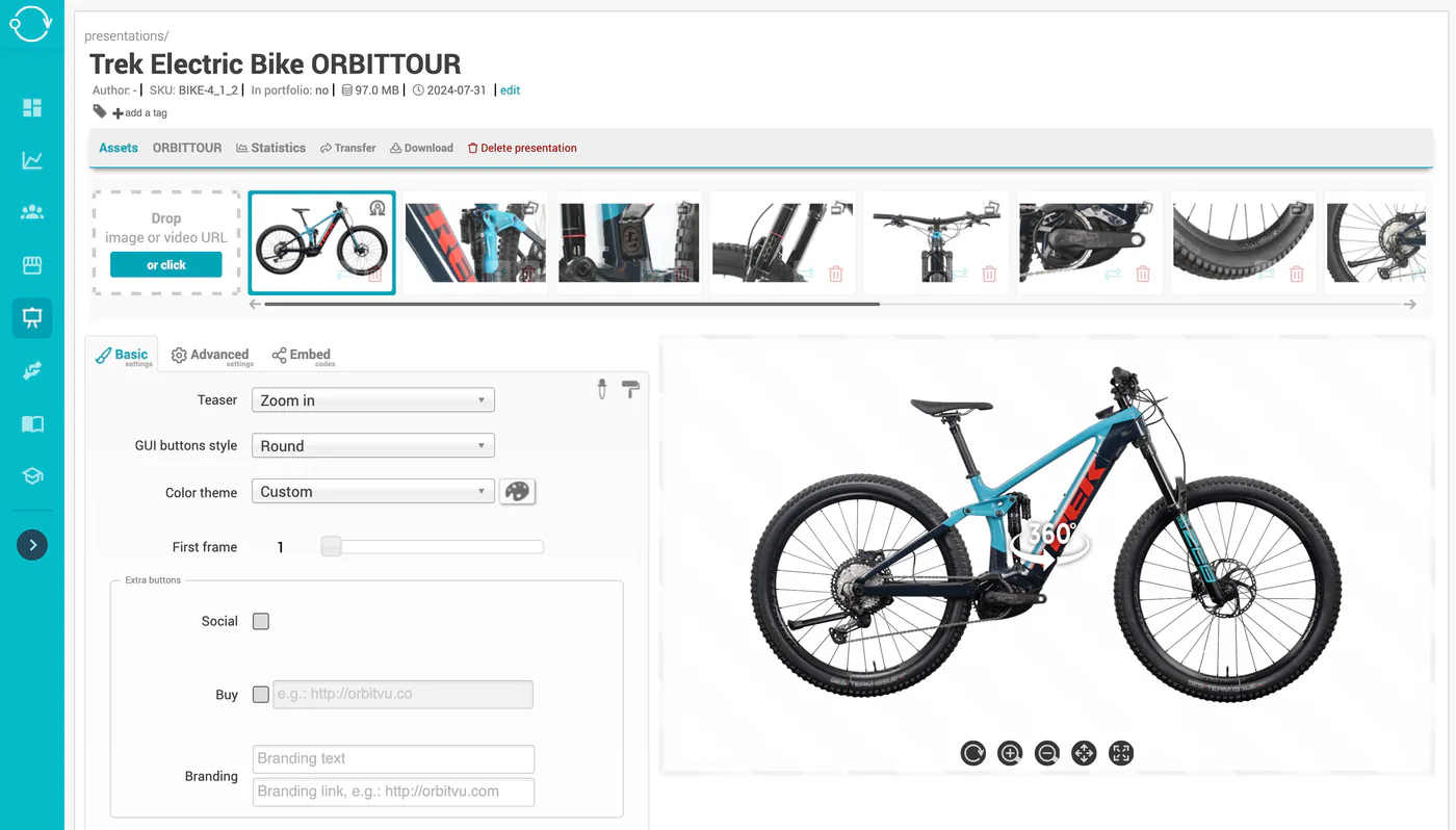 Editor de tours de produto do Orbitvu Cloud com uma rotação 360° de uma bicicleta