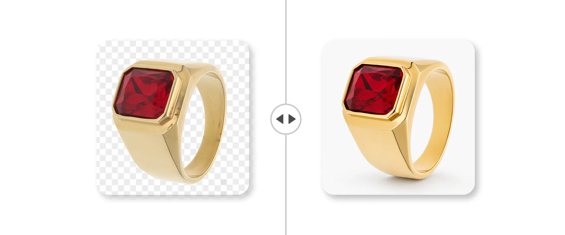 AI Retoucher antes e depois: um anel de sinete dourado com uma gema vermelha, limpo automaticamente