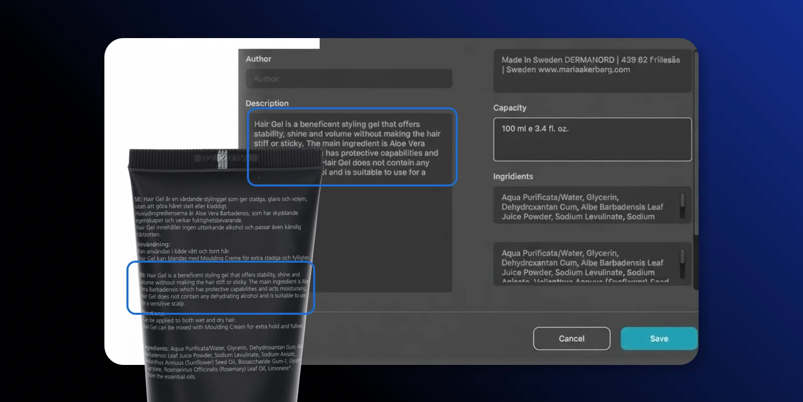 AI OCR a extrair a descrição do produto e a capacidade de uma etiqueta de produto no Orbitvu Station