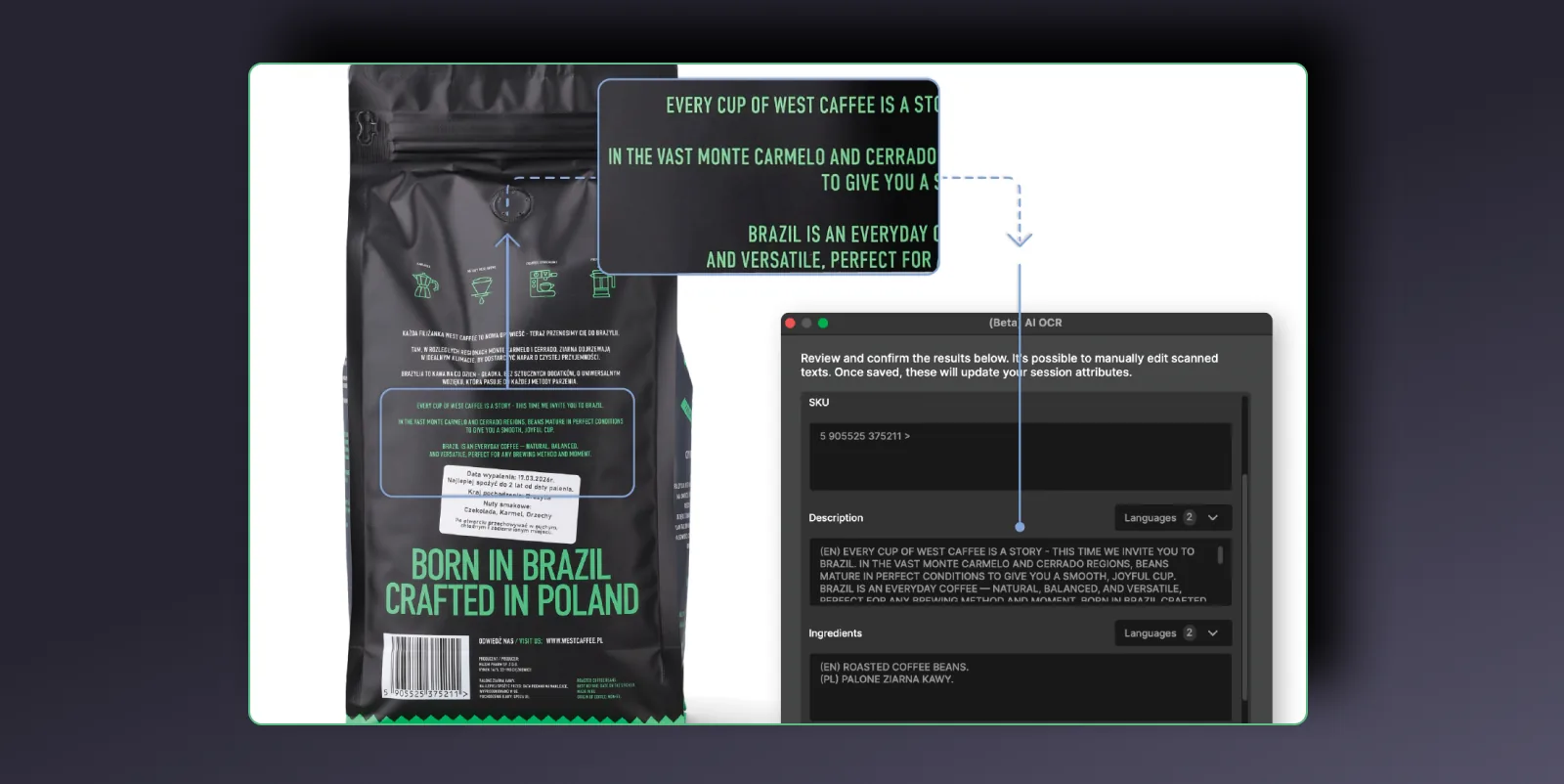 AI OCR na Orbitvu Station a ler o SKU, a descrição e os ingredientes da embalagem de um produto para os atributos da sessão