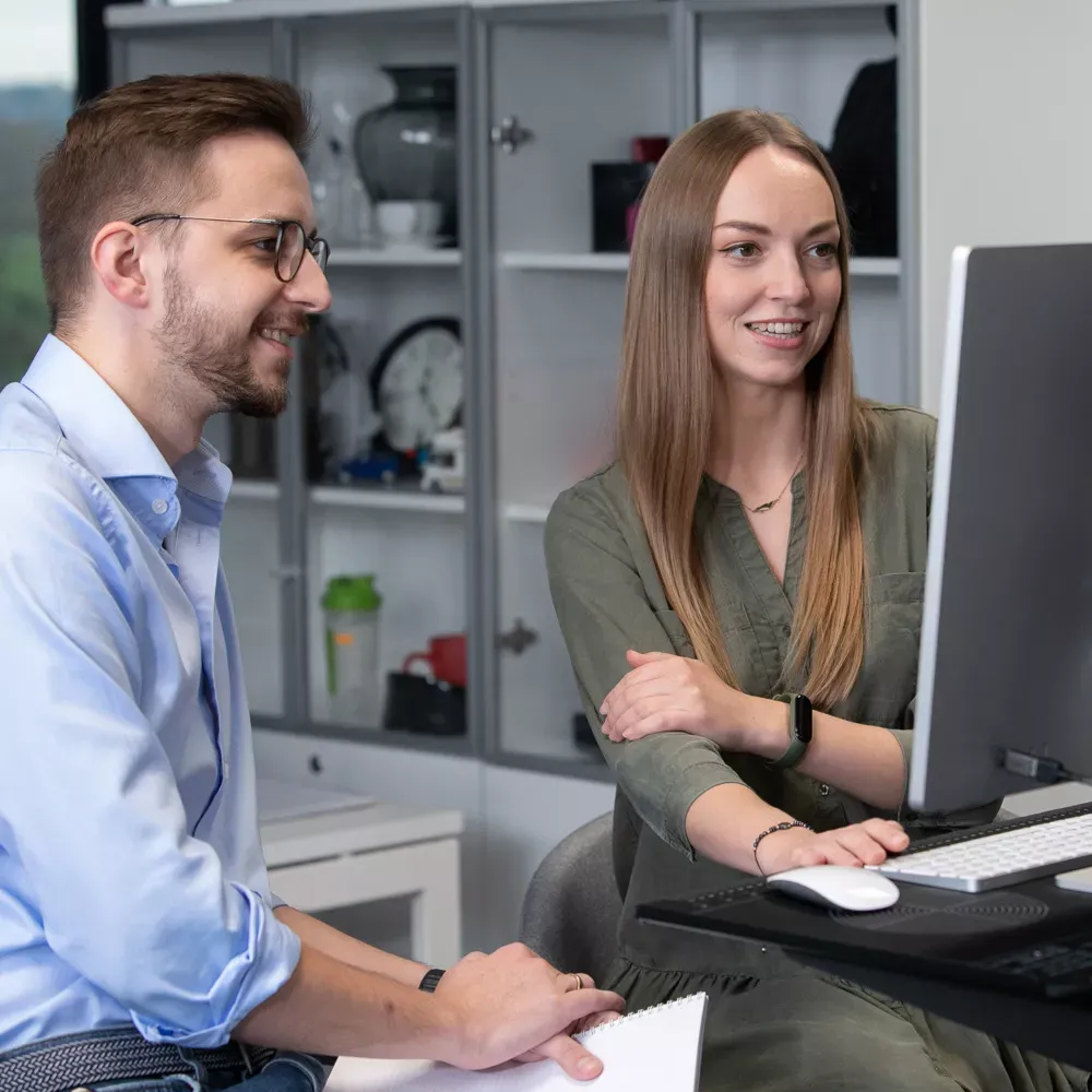 Dois colegas colaborando no computador